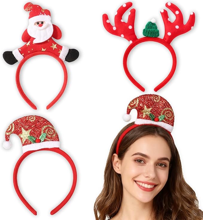 3Pcs Christmas Headbands Cute Santa Claus Antlers Xmas Hat Christmas Hair Accessories Great Fun of Festive for Christmas Party Favors Holiday Favors Photos Booth