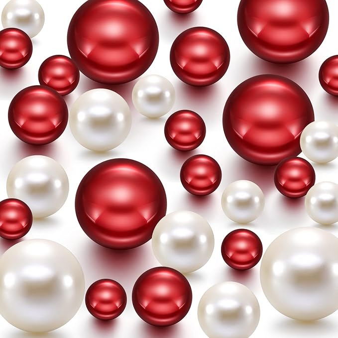 Hicarer 120 Pieces Pearl for Vase Filler Pearl Bead Vase Centerpieces Brush Holder Assorted Round Faux Bead for Crafting, Home Wedding Table Decor 14/20/30 mm (Creamy White, Bright Red)