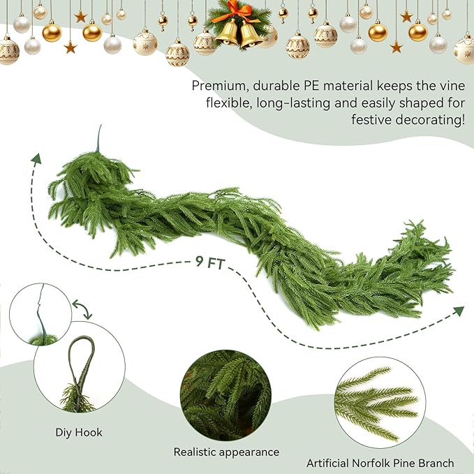 9FT Christmas Garland Artificial Norfolk Pine Garland，Handmade Real Touch Winter Greenery Faux Pine Needles Garland for Home Table Mantle Fireplace Indoor Outdoor Christmas Decor