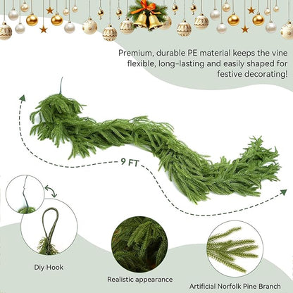 9FT Christmas Garland Artificial Norfolk Pine Garland，Handmade Real Touch Winter Greenery Faux Pine Needles Garland for Home Table Mantle Fireplace Indoor Outdoor Christmas Decor