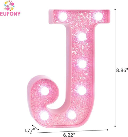 Pink LED Marquee Light Up Letters, Glitter Alphabet Letter Lights for Birthday Party Decorations, Battery Operated Letter Signs for Girls Room Table Decor, Pink letter J with Cool White Lights