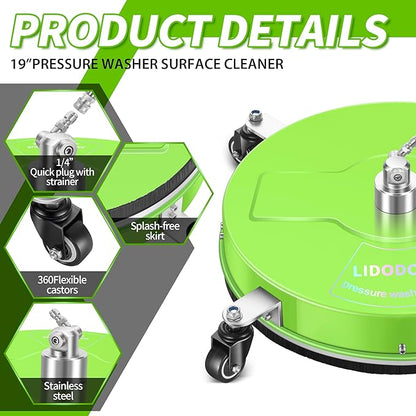 19'' Pressure Washer Surface Cleaner with 4 Wheels - Stainless Steel Surface Cleaner for Pressure Washer Attachment for Concrete, Driveway, Patio, Sidewalk, Deck and Driveways (19 INCH GREEN)