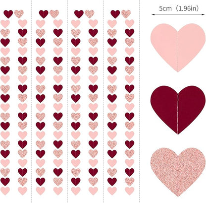 Rose-Gold Pink Burgundy Valentines Decorations - Paper Heart Garland 52ft Hanging Streamer Banner Engagement Mothers Day Wedding Anniversary Bridal Shower Birthday Party Galentines Day Decor