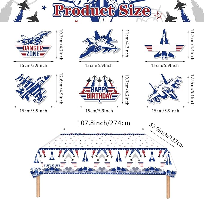 163PCS Air Force Party Fighter Jet Pilot Birthday Party Decorations ,Top Party Supplies Gun Plates and Napkins Military Jet Tableware,Banner, Hanging Swirls, Tablecloth, the Danger Zone Cake Topper