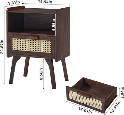 Lerliuo Rattan Nightstands Set of 2, Bedside Table with Drawer Open Shelf, Cane Accent Side End Table with Solid Wood Legs, Walnut Vintage Night Stand for Bedroom, Dorm and Small Spaces