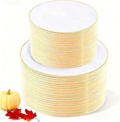 KIRE 200PCS Gold Plastic Plates - Disposable Plates for Party - White Plastic Plates with Gold Rim Include 100 for Dinner and 100 for Dessert/Salad in Wedding/Christmas