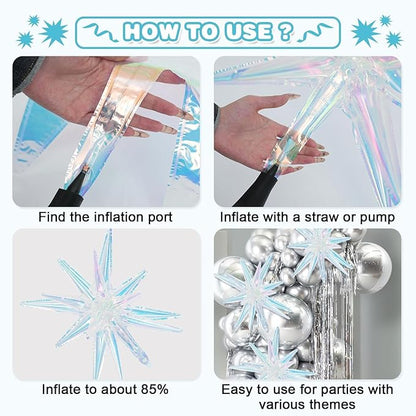 Iridescent Star Balloons,9Pcs 22Inch Iridescent Clear Explosion Spike Cone Helium Polyester Film Star Foil Balloons for Birthday Anniversary Baby Shower Wedding Disco Party Decorations