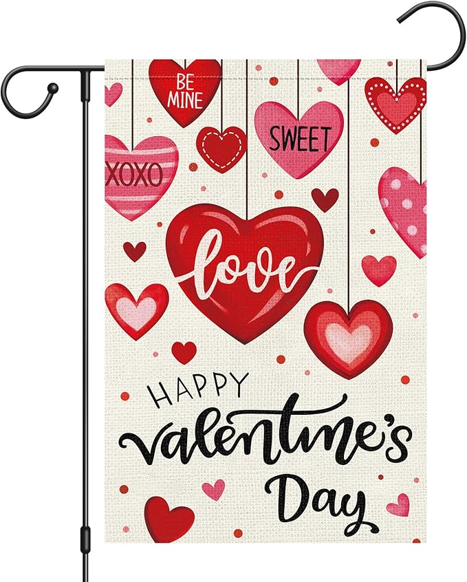 Heyfibro Happy Valentine's Day Garden Flag 12 x 18 Inch Double Sided Burlap,Candy Love Heart Flag Valentine’s Party Supplies for Anniversary Wedding Home Outdoor Decoration (ONLY FLAG)