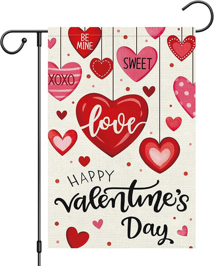 Heyfibro Happy Valentine's Day Garden Flag 12 x 18 Inch Double Sided Burlap,Candy Love Heart Flag Valentine’s Party Supplies for Anniversary Wedding Home Outdoor Decoration (ONLY FLAG)