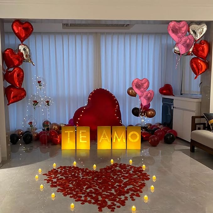 Te Amo Lighted Letters Sign 17pcs Luminary Paper Bags 2200pcs Red Pink Artificial Rose Petals 48pcs Flameless LED Candle Tealight 15pcs Heart Balloons Romantic Night Valentine's Day