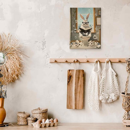 TLESKE Funny Bathroom Bunny Rabbit Wall Art Decor 11x14, Bunny Rabbit Sitting on Toilet Canvas Wall Art Print for Bathroom, Easter Bunny Wall Artwork Picture