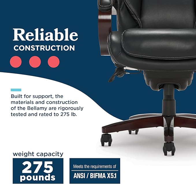 La-Z-Boy® Bellamy Executive Office Chair with Memory Foam Cushions, Real Wood Arms and Swivel Base, Waterfall Seat Edge, Faux Bonded Leather, Black