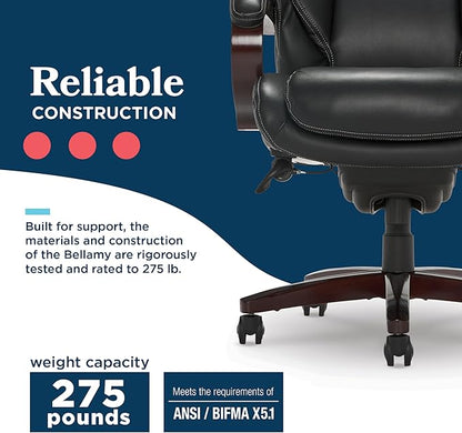 La-Z-Boy® Bellamy Executive Office Chair with Memory Foam Cushions, Real Wood Arms and Swivel Base, Waterfall Seat Edge, Faux Bonded Leather, Black