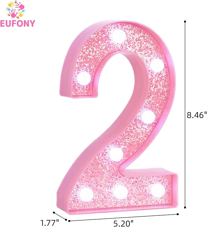 Pink LED Light Up Marquee Numbers, Glitter Lighted Numbers Sign Battery Operated for Girls 2nd 12th Birthday Party Decorations, 2025 Graduation Prom Decor, Pink Number 2 with Cool White Lights