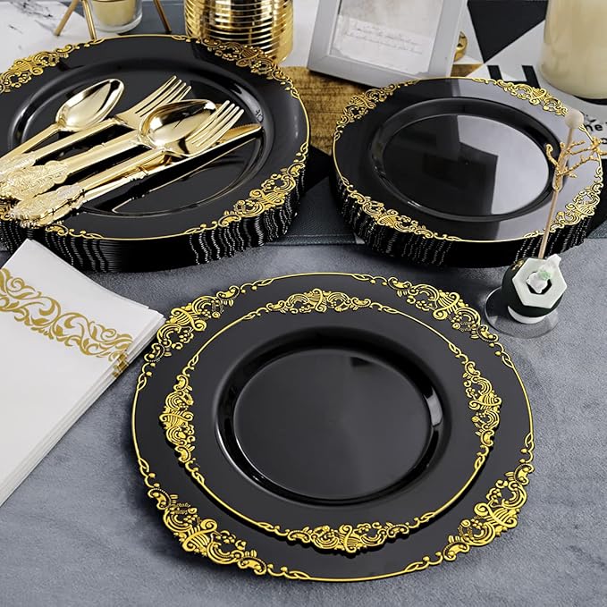 Hioasis 350pcs Black and Gold Plastic Plates - Diposable Dinnerware Set Suitable for 50 Guests Include 10.25" Dinner & 7.5" Dessert Plates, Pre Rolled Silverware Set, Cups for Party & Wedding