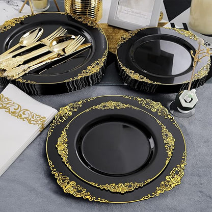 Hioasis 350pcs Black and Gold Plastic Plates - Diposable Dinnerware Set Suitable for 50 Guests Include 10.25" Dinner & 7.5" Dessert Plates, Pre Rolled Silverware Set, Cups for Party & Wedding