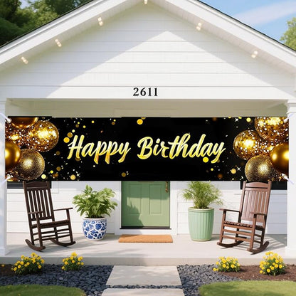 Nuxovilar Happy Birthday Banner Decorations 17.72x78.74 Inch Black Gold Balloon Theme - Polyester for Indoor Outdoor Birthday Party Decor