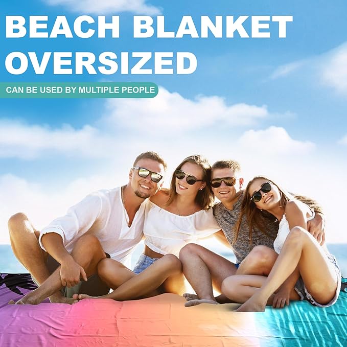 Beach Blanket Waterproof Sandrproof Large Beach Mat 79" X 83" for 2-4 Adults Quick Drying Outdoor Picnic Mat 4 Stakes & 4 Corner Pockets for Travel Picnic Camping Hiking （Gradient Sky&Sea）