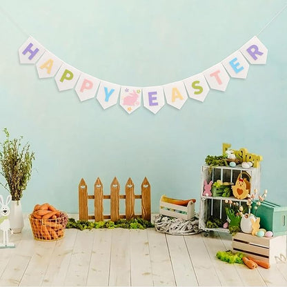 Felt Happy Easter Banner - Pastel Happy Easter Garland, Easter Bunny Bunting, Easter Decoration for Mantel, Wall