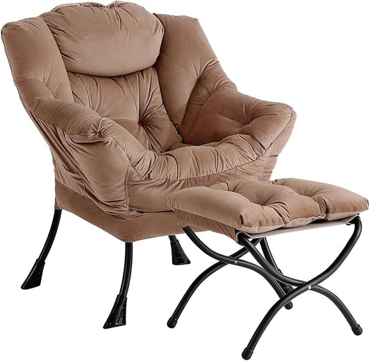 LITA Lazy Chair with Ottoman, Modern Accent Leisure Upholstered Sofa Chair, Contemporary Lounge Reading Chairs with Armrests and a Side Pocket for Living Room, Bedroom & Small Space, Dark Brown