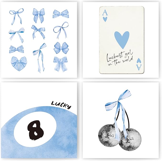 okaxscm Light Blue Coquette Trendy Preppy Wall Art Prints Set of 4, Coquette Preppy Room Decor, Blue Bow Disco 8 Ball Cherry Wall Decor Posters for Girls Bedroom Dorm, 10x10 Unframed