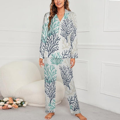 Lemons Leaves Ceramic Style Womens Pajama Set Long Sleeve Pajamas Top And Pants Soft Loungewear Pjs Sets