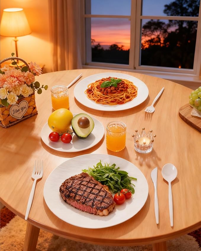 WONDERFUL 32pcs White Plastic Plates Reusable Unbreakable Dinnerware Set Dishes Set Dishwasher Safe Outdoor Plates Includes:16 Dinner 10" and 16 Dessert Plate 7.3" Ideal for Thanksgiving Christmas