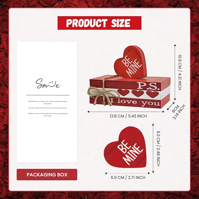 Smile Valentine's Day Wooden Book Decor, Be Mine, I Love You, Heart - Themed Shelf Signs, Valentine Indoor Decoration