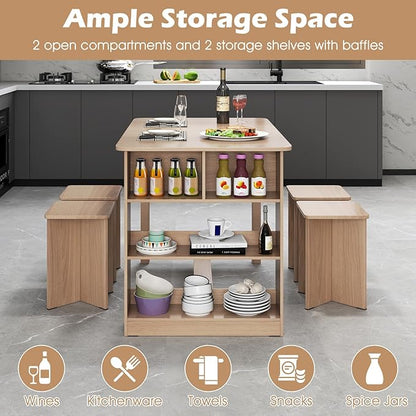Giantex 5-Pieces Dining Table Set for 4, Kitchen Table Set with Side Storage Shelf, 4 Square Stools, Space-Saving Dining Furniture for Dinner, Dinette, Living Room, Apartment, Restaurant (Natural)