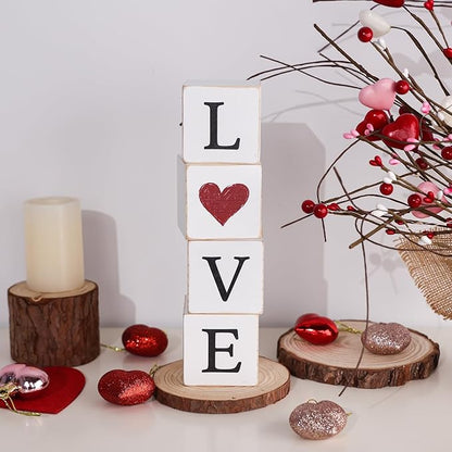 4pcs Reversible Valentines Day St. Patrick's Day Decorations Rustic Love Luck Wooden Blocks Tiered Tray Decor Love Sign Tabletop Centerpieces for Anniversary Home Mantle Shelf Party Supplies