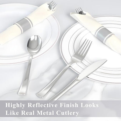 100 Pack Pre Rolled Silver Plastic Silverware Set,Wrapped Plastic Cutlery Set with Napkin Include 100 Forks,100 Spoons,100 Knives and 100 White Napkins for Party, Wedding,showers,Christmas