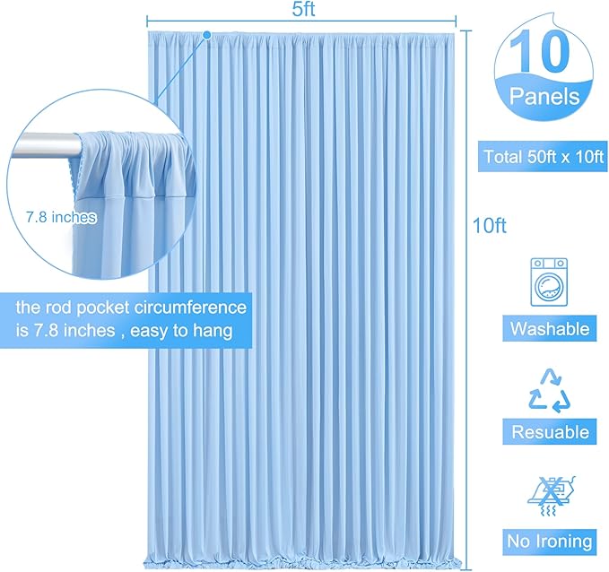 10 Panels Baby Blue Backdrop Curtain for Baby Shower Parties Wrinkle Free Light Blue Curtains Backdrop Drapes Fabric Decoration for Birthday Party Photography 50ft x 10ft