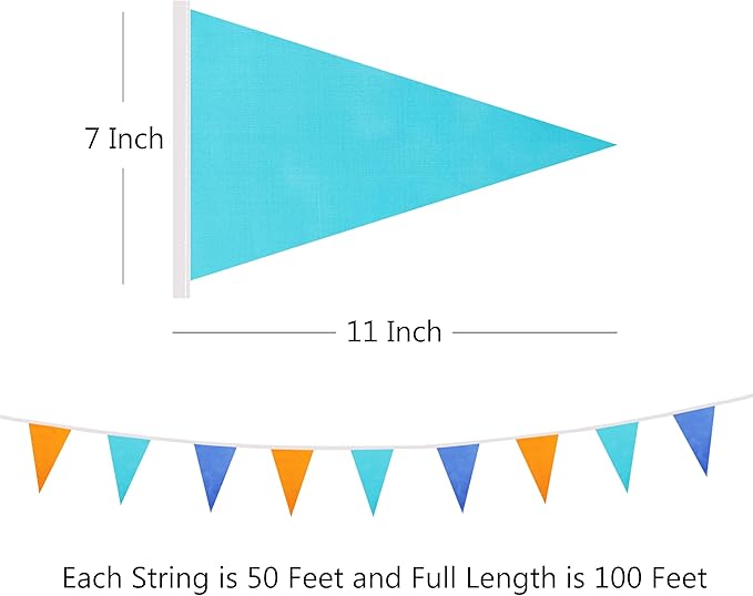 100 Ft Pennant Banner Flag, 60 Pcs String Hanging DIY Bunting Flags for Wedding, Birthday, Outdoor & Indoor Decorations (Orange Blue Dark Blue, 11x7 Inch, 2 Pack)