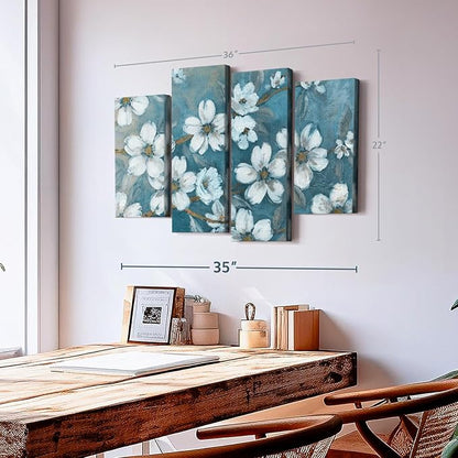 ElephantStock Blossoms Of Evening Wall Art - Horizontal Canvas - 4-Piece Living Room Wall Decor - Blossom Painting Canvas Print - Blue and Gray Decor for Wall by Carol Robinson - 36" X 22"