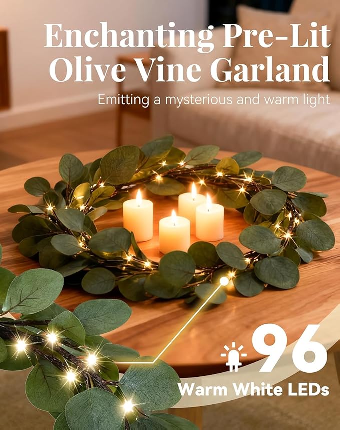 Twinkling Tree Garland,6ft Fairy Light Olive Vine with 96 Led and 250 Leaves,Pre-Lit Lighted Artificial Olive Garland with Timer for Christmas Decorations