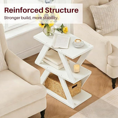 3 Tier Side Table with Side Guard Rails & Anti-Slip Pads, Narrow End Table for Small Spaces, Slim Nightstand with Storage Shelves for Bedroom, Living Room, White