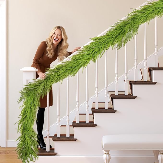 3pcs Christmas Garland, Artificial Norfolk Pine Garlands 2x6ft 1x9ft, Real Touch Garlands for Decoration Christmas, Christmas Garland for Table, Mantle, Wall, Fireplace(Green Norfolk Pine Garland)