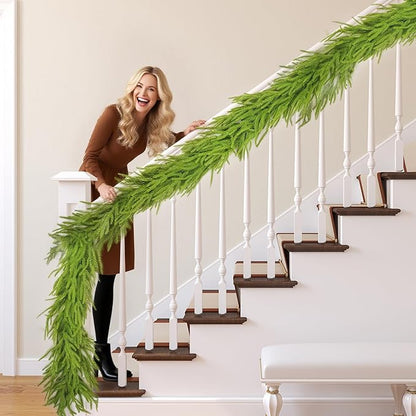 3pcs Christmas Garland, Artificial Norfolk Pine Garlands 2x6ft 1x9ft, Real Touch Garlands for Decoration Christmas, Christmas Garland for Table, Mantle, Wall, Fireplace(Green Norfolk Pine Garland)