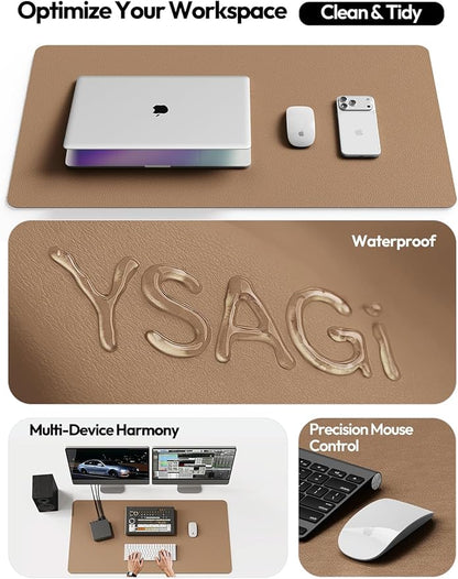 YSAGi Leather Desk Pad Protector, Office Mat, Large Mouse Pad, Non-Slip PU Blotter, Laptop Waterproof Writing for and Home (23.6" x 13.8", Khaki)