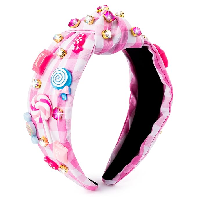 PANTIDE Candy Jeweled Knotted Headband - Christmas Sugar Lollipop Rhinestone Crystal Embellished Preppy Headband Wide Top Knot Hairband Hair Accessories Birthday Gift for Women Girls (Pink Plaid)