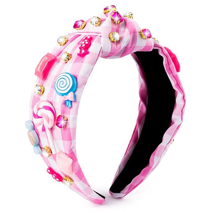 PANTIDE Candy Jeweled Knotted Headband - Christmas Sugar Lollipop Rhinestone Crystal Embellished Preppy Headband Wide Top Knot Hairband Hair Accessories Birthday Gift for Women Girls (Pink Plaid)
