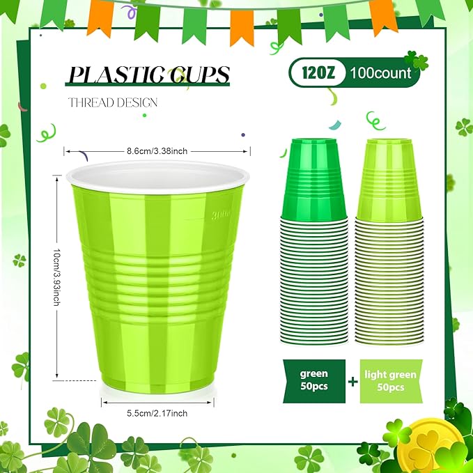 KesaPlan 100 PCS 12 OZ St. Patrick's Day Plastic Cups Party Cups Green and Light Green Cups Disposable Drinking Lucky Cup Bulk for Cold Drink Ice Cream Snacks Party Graduation Wedding Birthday Holiday