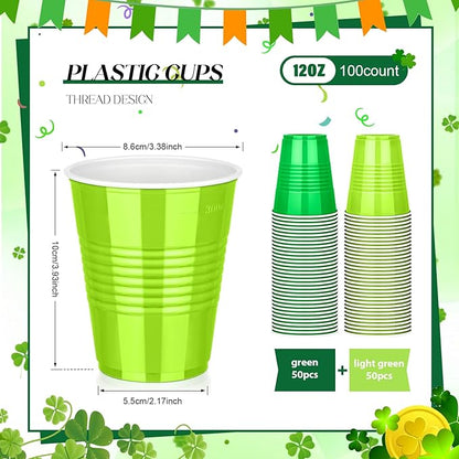 KesaPlan 100 PCS 12 OZ St. Patrick's Day Plastic Cups Party Cups Green and Light Green Cups Disposable Drinking Lucky Cup Bulk for Cold Drink Ice Cream Snacks Party Graduation Wedding Birthday Holiday