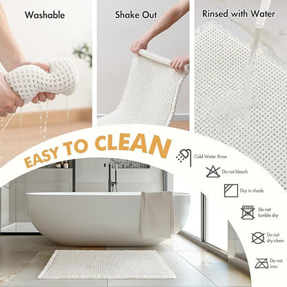 MIULEE Set of 2 Waffle Bathroom Rugs, Boho Bath Rugs Non Slip Washable, Super Absorbent Bath Mats, Ultra Soft Rubber Backed Shower Mats for Bathroom Floor, Tub and Shower, White, 17x24 Inch