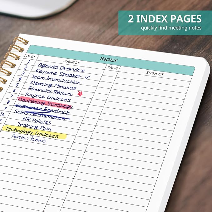 Meeting Notebook for Work Organization - Work notebook with action items, Meeting Minutes Planner Notebook, Perfect Office Supplies for Men & Women - Aquamarine