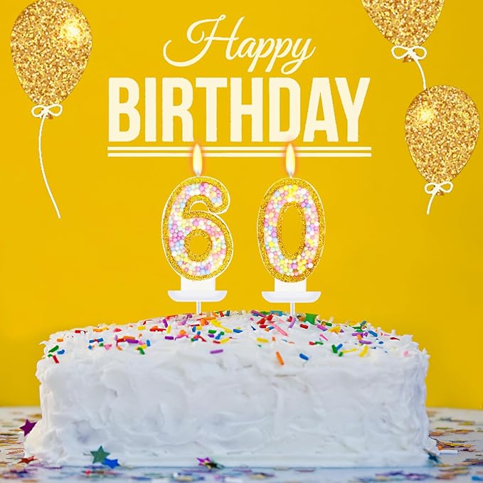 60th Birthday Candle for Women/Men, Golden Macaron Numeral Candles, Birthday Party Cake Decorations, Cake Topper for Birthday Party Supplies (Number 60)