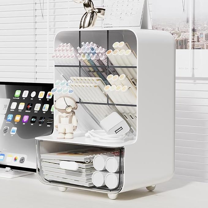 Pen Organizer for Desk, Desk Organizer with Drawer, Multi-Functional Pencil Holder with 6 Compartments and 1 Drawer Organization Storage Accessories for Office Home School Workspace (White)