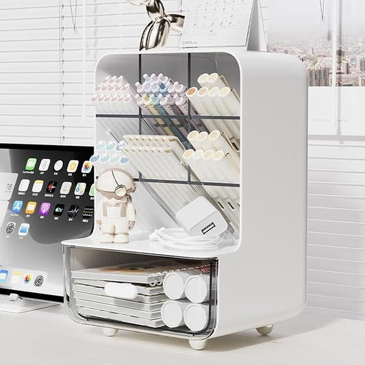 Pen Organizer for Desk, Desk Organizer with Drawer, Multi-Functional Pencil Holder with 6 Compartments and 1 Drawer Organization Storage Accessories for Office Home School Workspace (White)