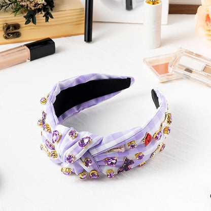 PANTIDE Music Jeweled Knotted Headband - Singer Fans Gift Guitar Red Lip Rhinestone Crystal Embellished Headband Top Knot Hair Accessories Birthday Valentine's Day Gift for Women Girl (Purple Plaid)