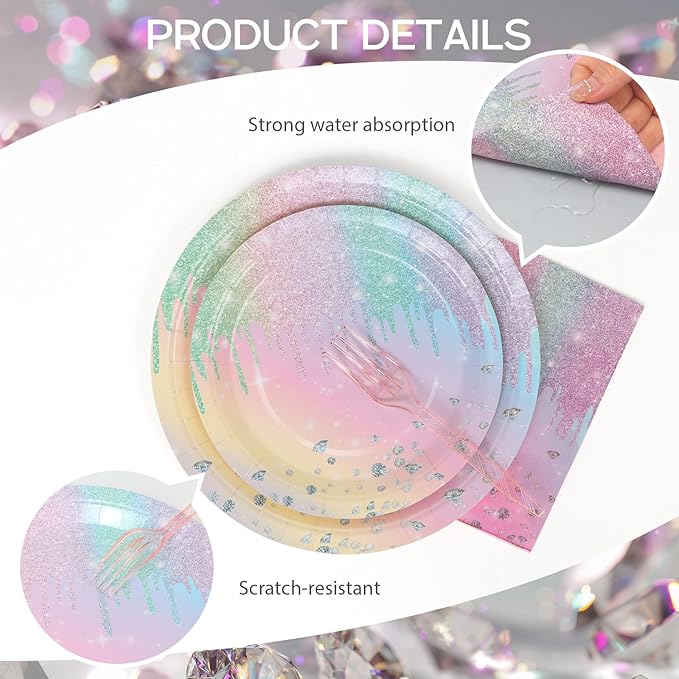 96pcs Colorful Diamonds Party Disposable Tableware Set Birthday for 24 Guests Kids Party Supplies（Include Plates, Forks and Napkins）